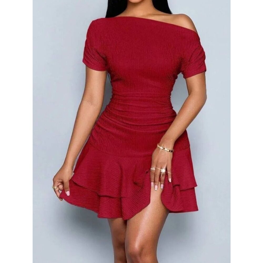 Off-Shoulder Textured Bodycon Ruched Ruffle Hem Dress in Deep Red - Picture 7 of 7
